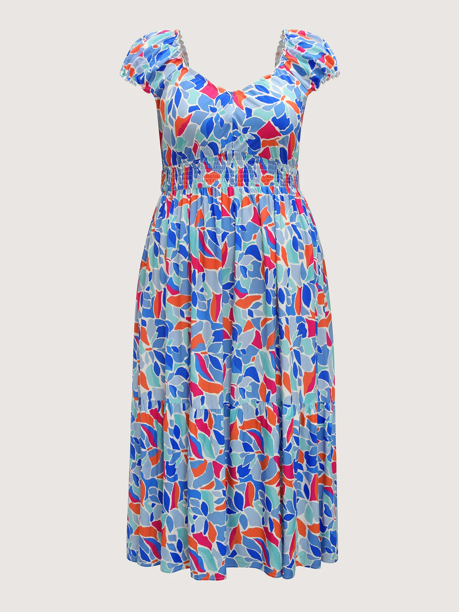 Floral Abstract Shirred Waist Midi Dress