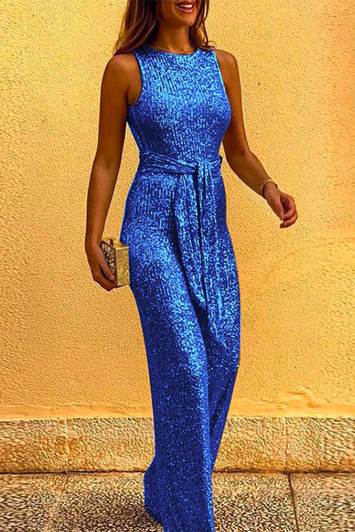 Heididress Crewneck Sleeveless Tie Waist Sequin Jumpsuit