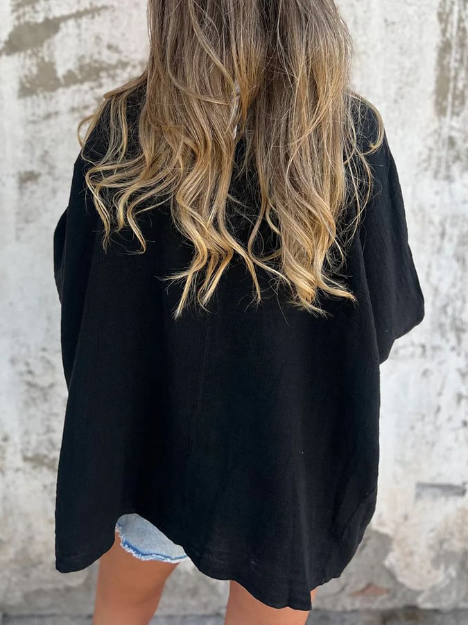 Women's V-Neck Long Sleeve Loose Button Design Casual Shirt