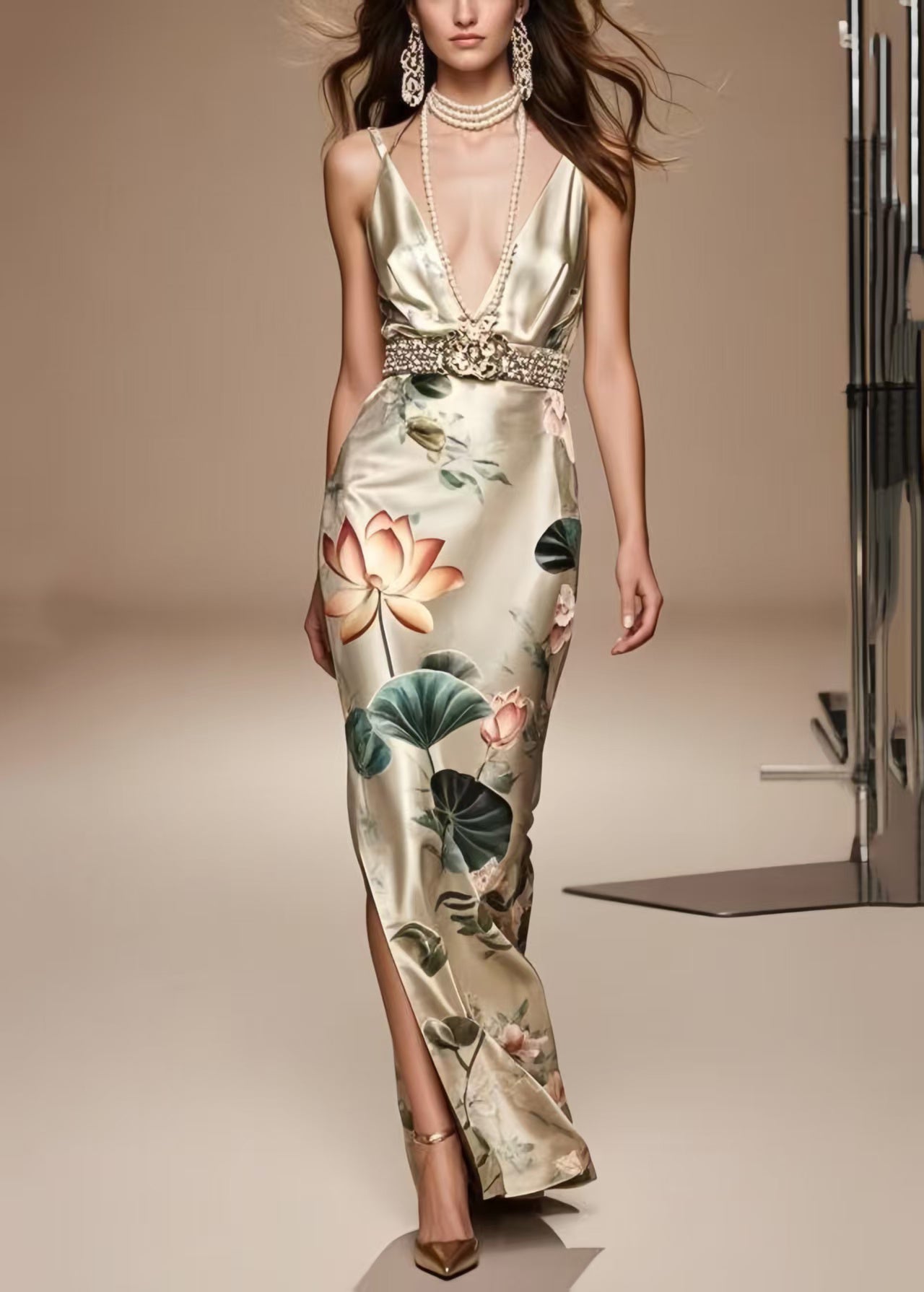 French Champagne Print Side Open Silk Tunic Dress Summer