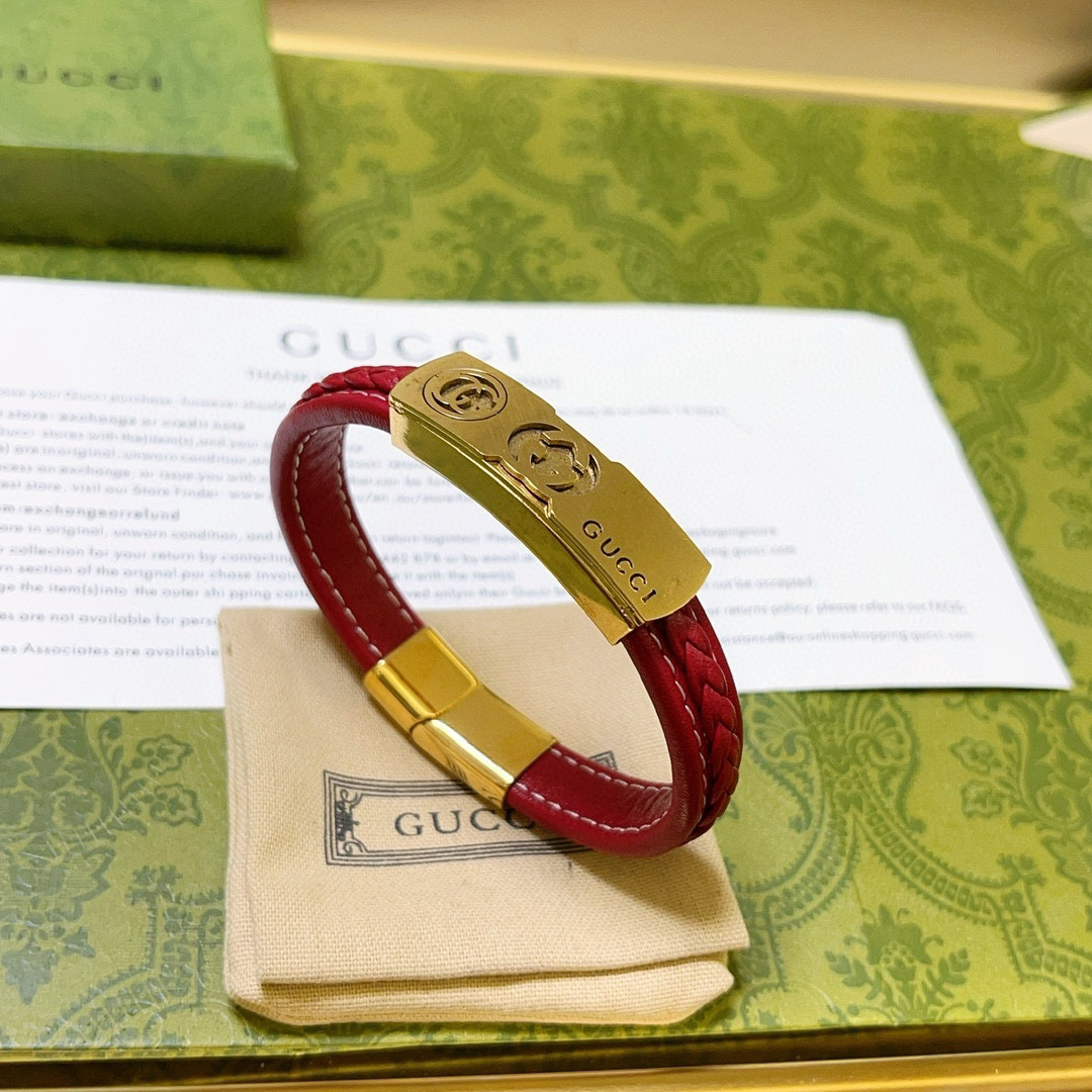 Gucci Braided Red Leather Gold GG Bracelet