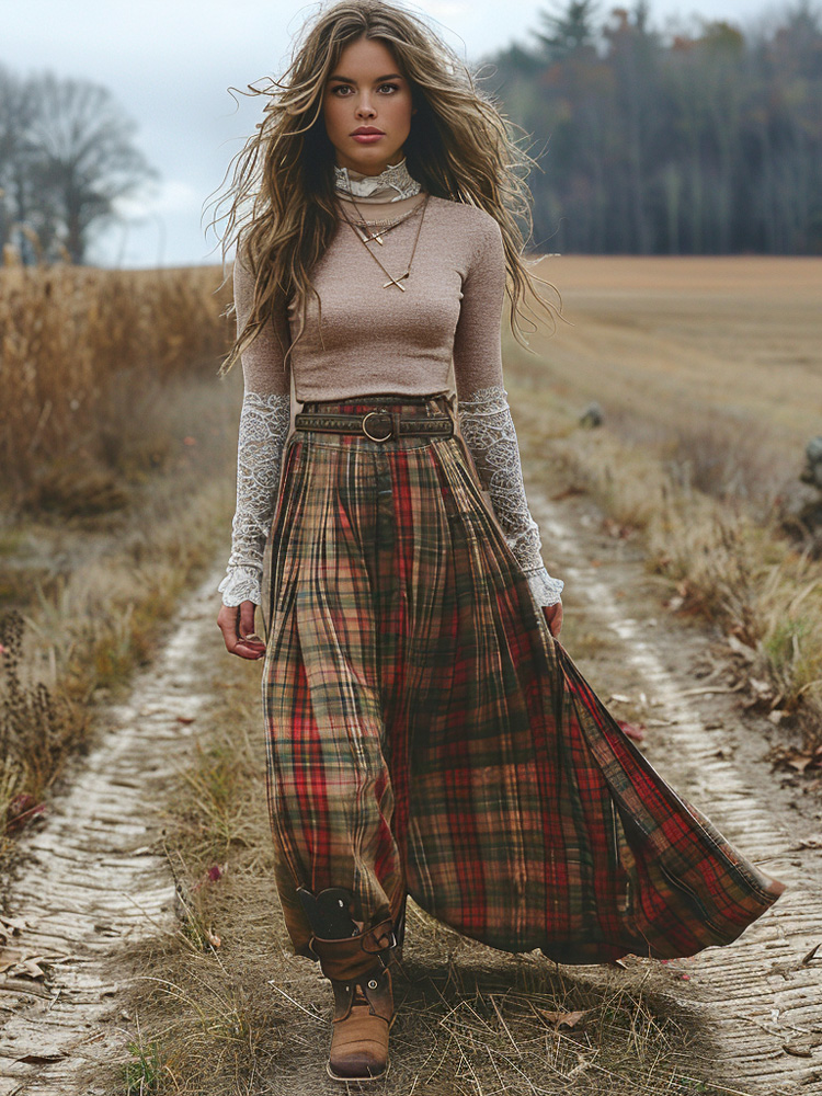 Women's Retro High Neck Long Skirt Plaid Pastoral Style Skirts