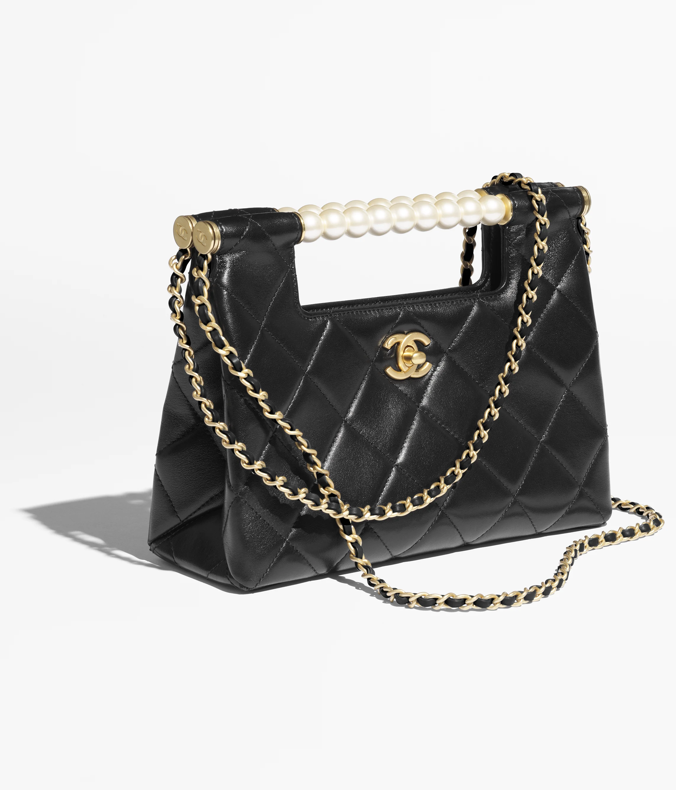 Chanel Small Shopping Bag Shiny Lambskin, Imitation Pearls & Gold-Tone Metal Black AS5413-B19658-94305