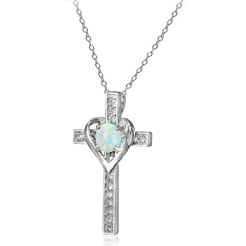 (⚡Last Day Flash Sale-50% OFF) 925 Sterling Silver opal Cross Heart Pendant Necklace-BUY 2 FREE SHIPPING