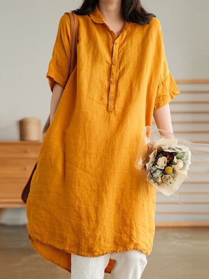 Medium Length Solid Cotton Linen Shirt