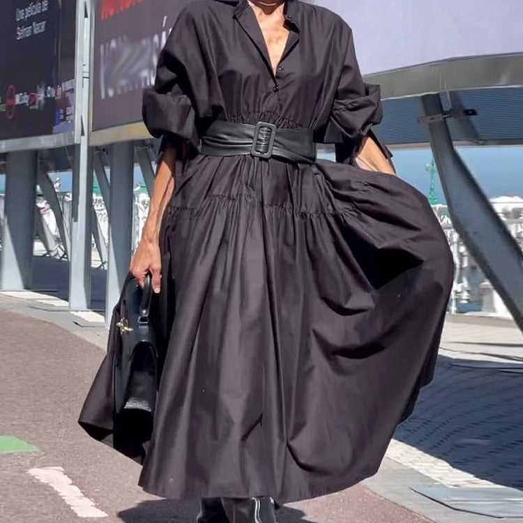 Solid Color Puff Sleeve Shirt Dress with Pleated Design for Women