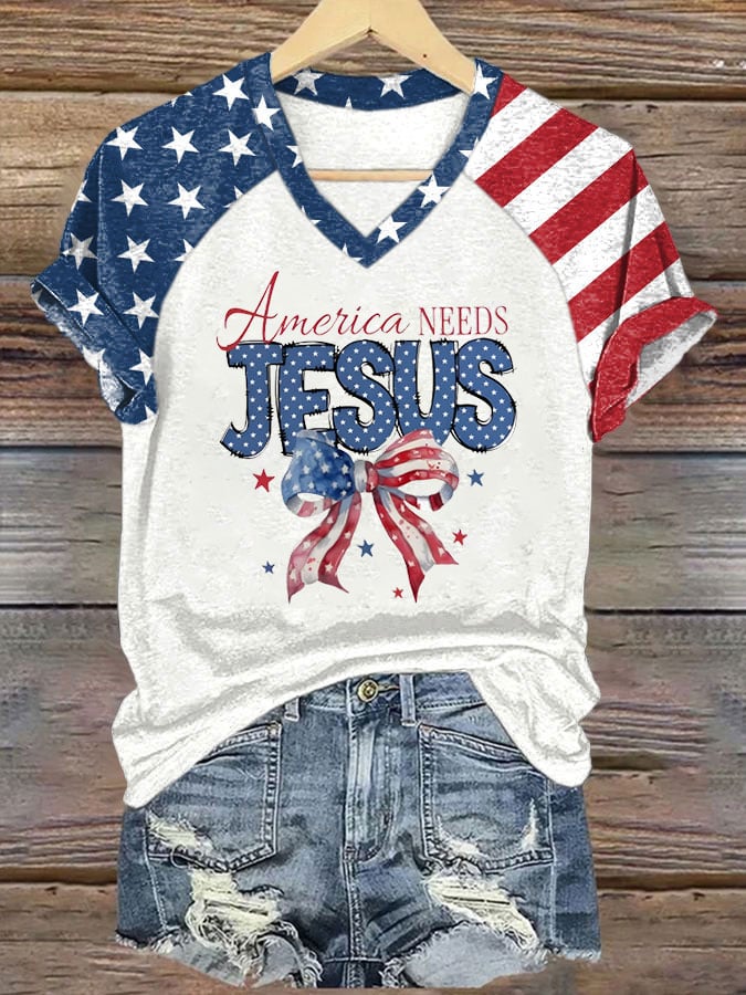Women's Independence Day Retro Stitching America Needs Jesus Printed Casual T-Shirt