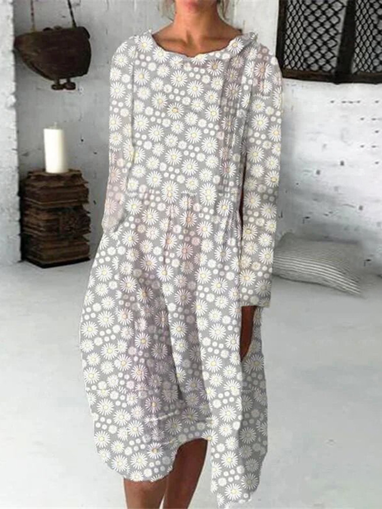 Simple Round Neck Long Sleeve Printed Midi Dress