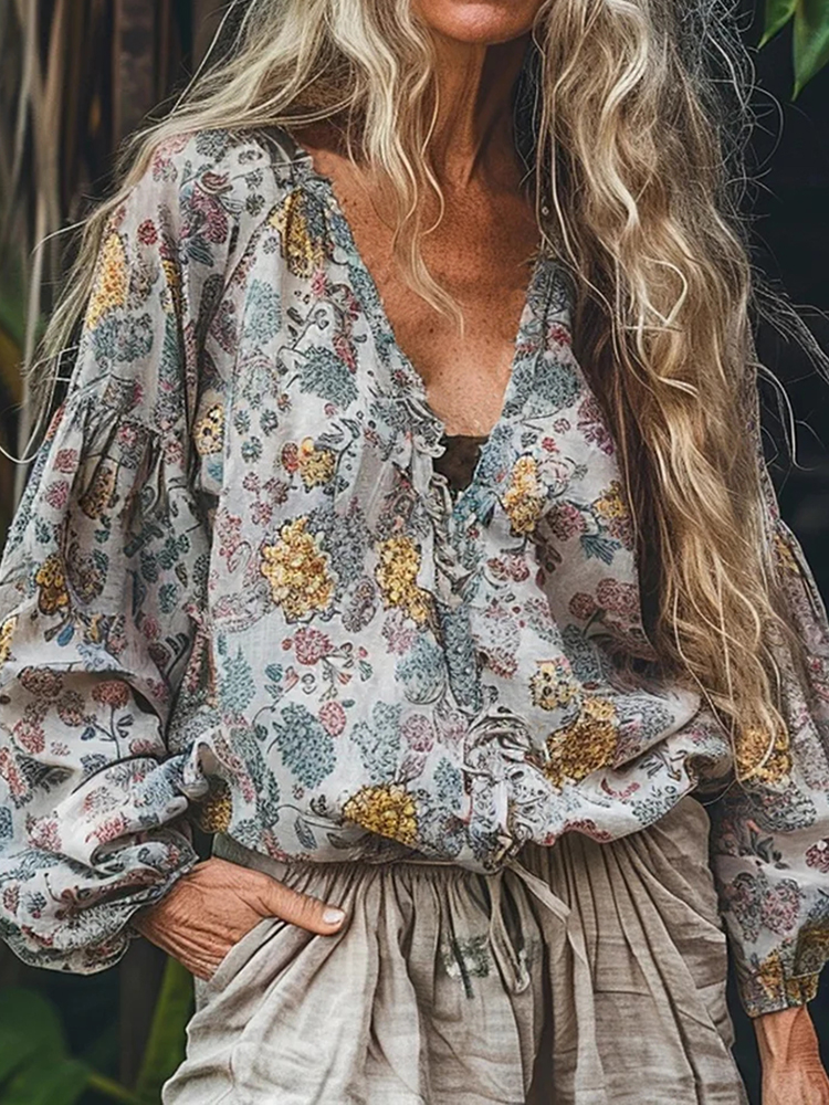 Bohemian Floral Linen Art Print Long Sleeve V-neck Shirt