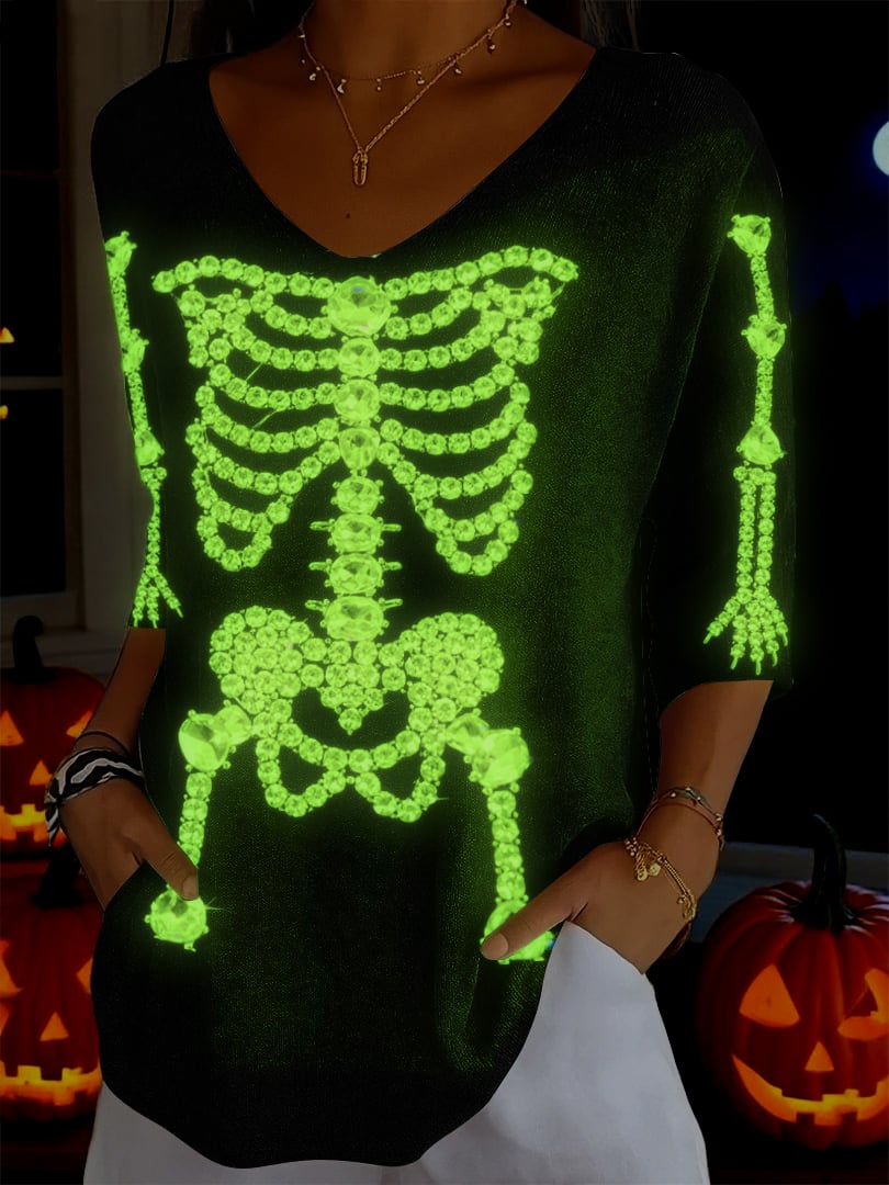 🔥Buy 3 Get 10% Off🔥✨Iuminous Effect✨Women's Halloween Fluorescent Diamond Skeleton Print V-Neck T-Shirt