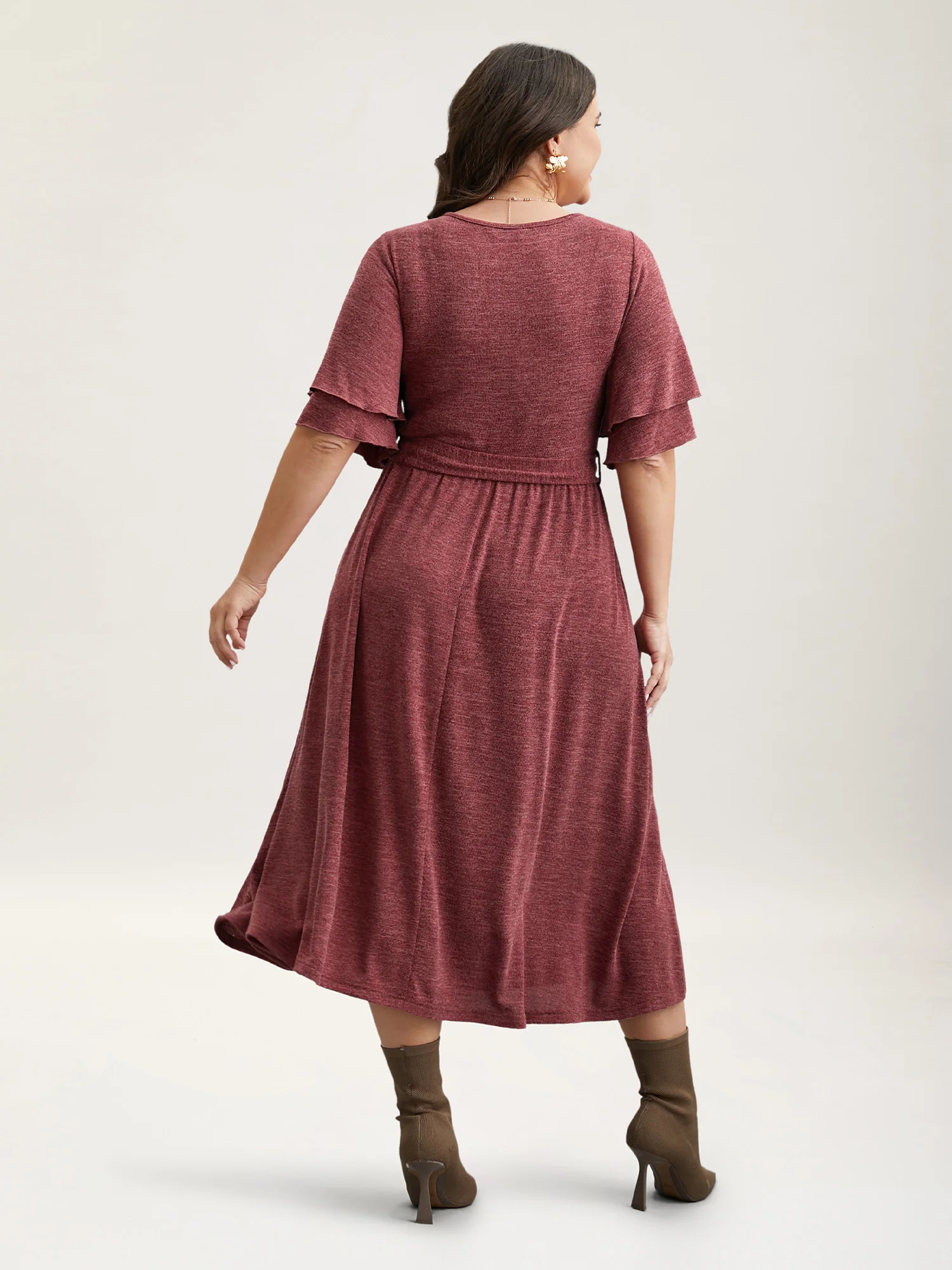 Layered Lotus Sleeve Belted Midi Knit Dress