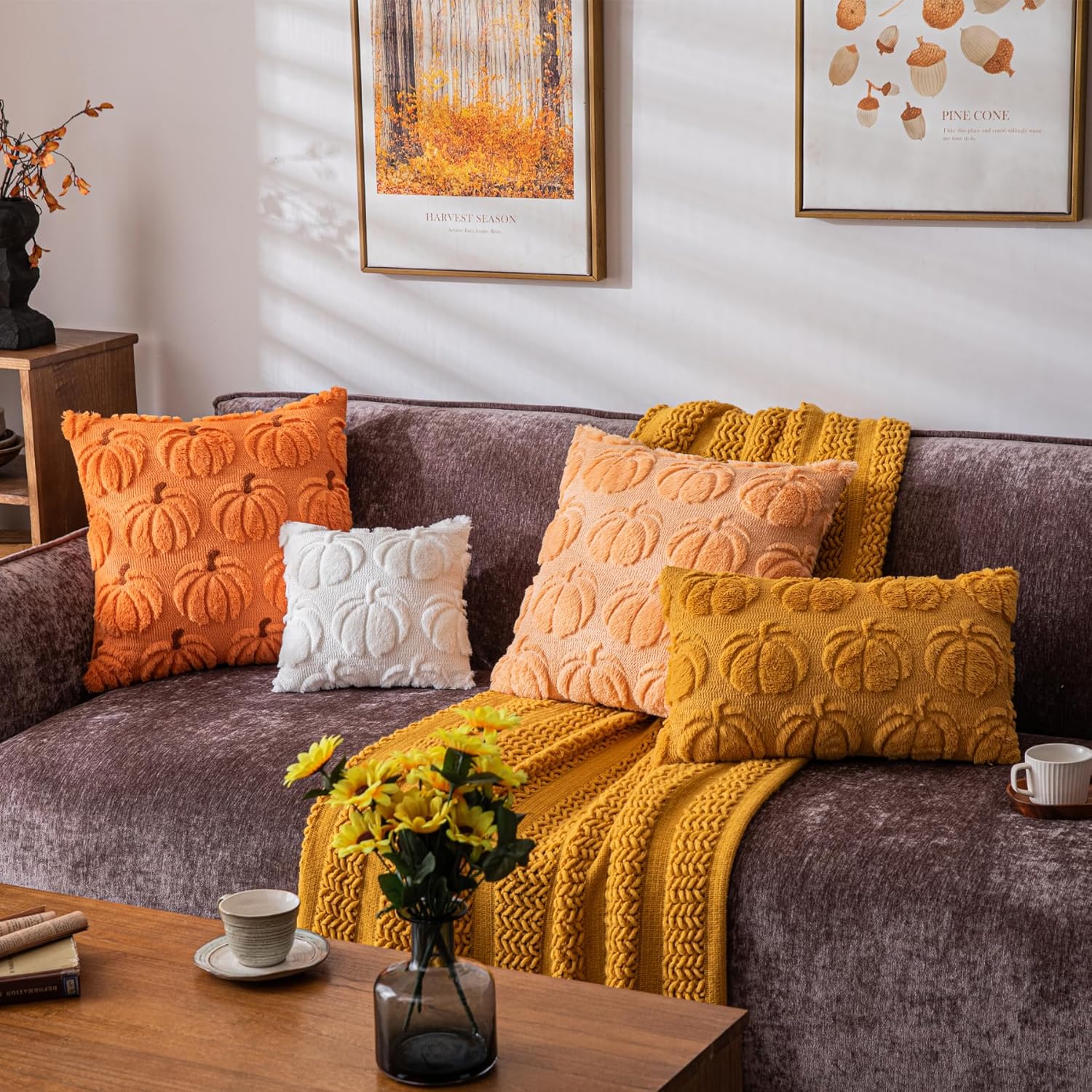 Pumpkin Fall Decorative Throw Pillow Covers, Fluffy Plush Accent Pillow Cases