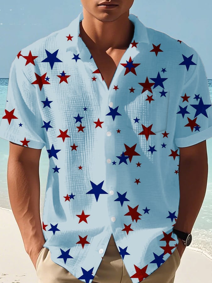 Men's Casual Vacation Independence Day Print Waffle Pocket Shirt