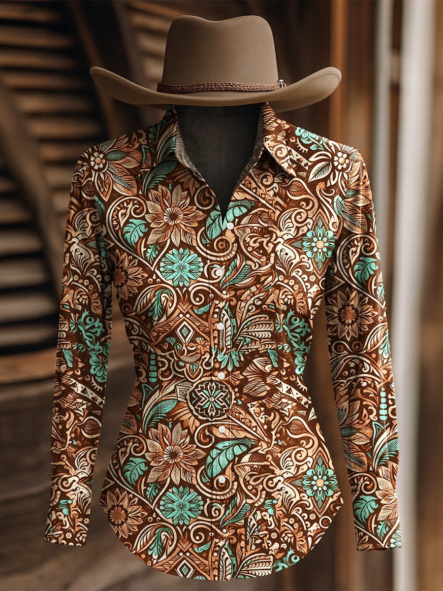 Women's Vintage Floral Print Western Long Sleeve Shirt