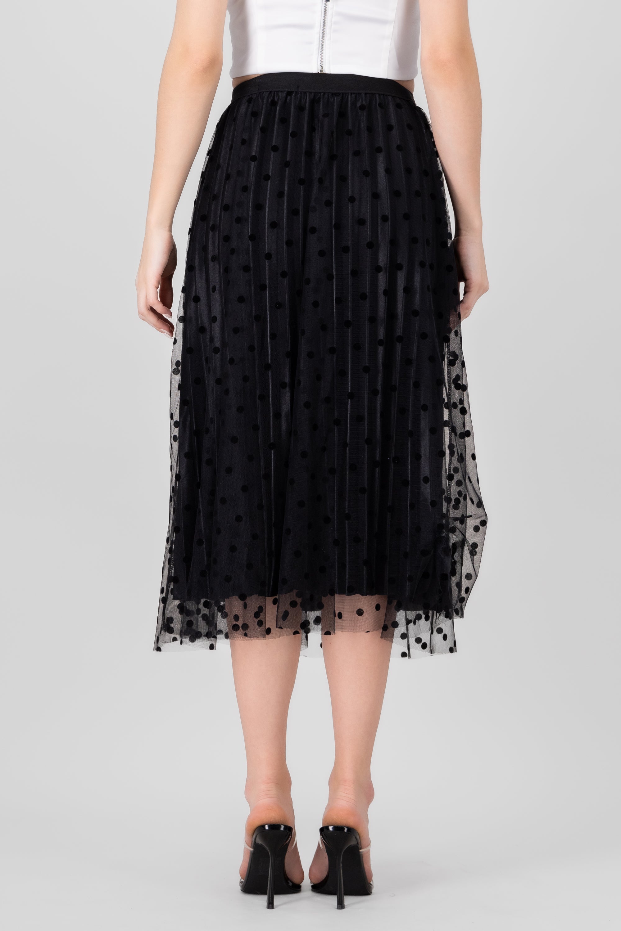 Flocked Polka Dots Midi Skirt
