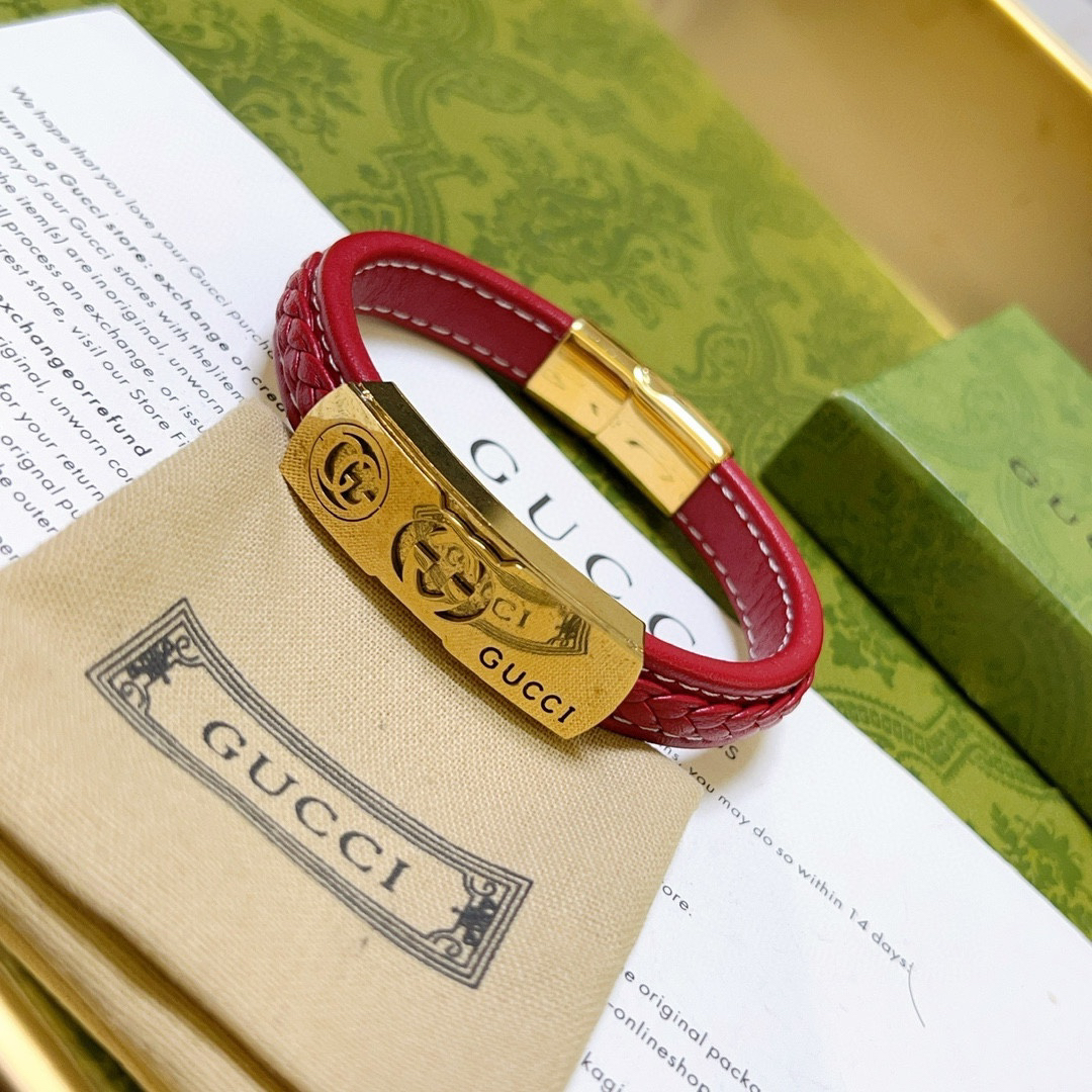 Gucci Braided Red Leather Gold GG Bracelet