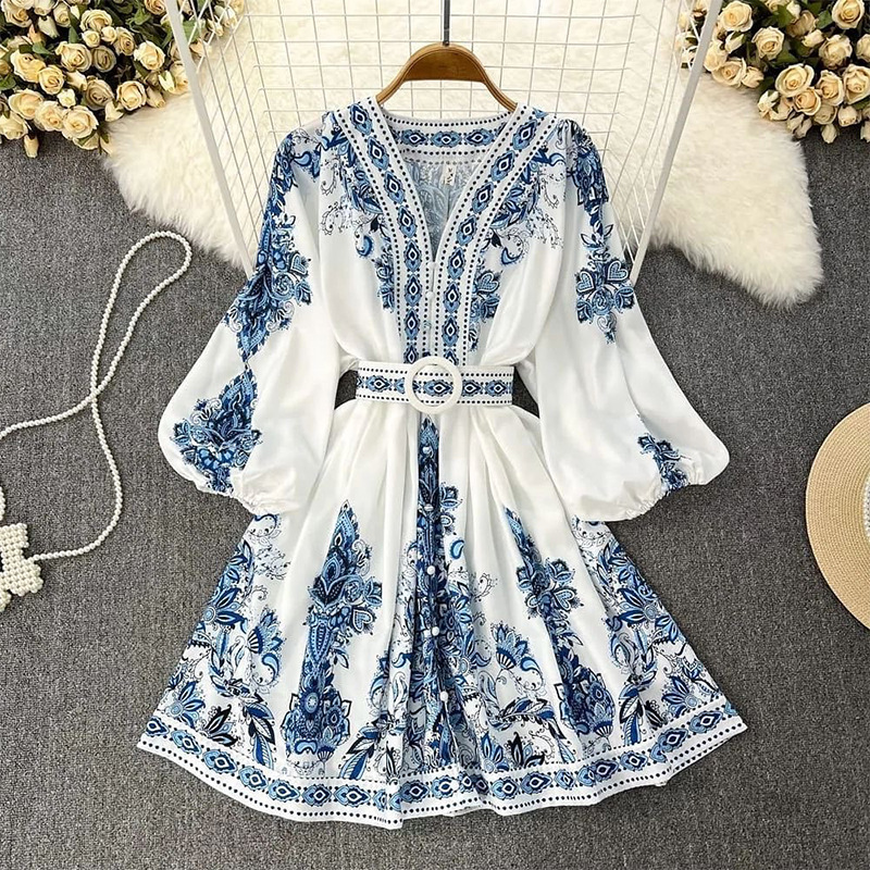 Fall 2024 cross-border ladies fashion V-neck long-sleeved bohemian print dress
