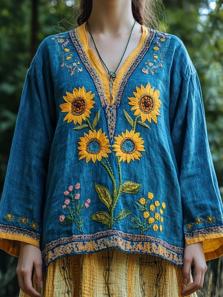 Vintage Sunflower Ethnic Embroidered Linen Blend Tunic