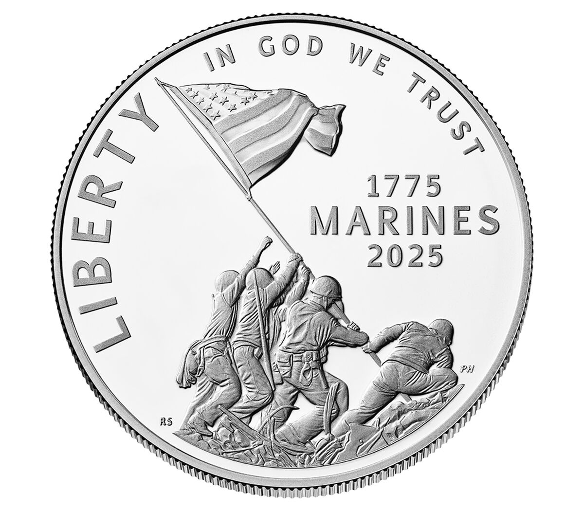 2025 P U.S. Marine Corps USMC 250th Anniversary Silver Commemorative Dollar, First Strike PCGS MS70 G