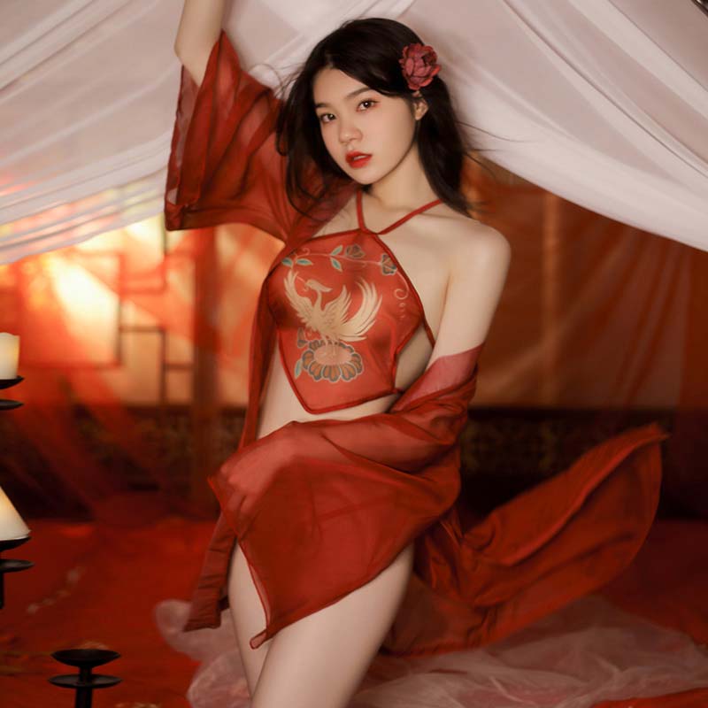 Han Costume Phoenix Print Lace-Up Lingerie Set