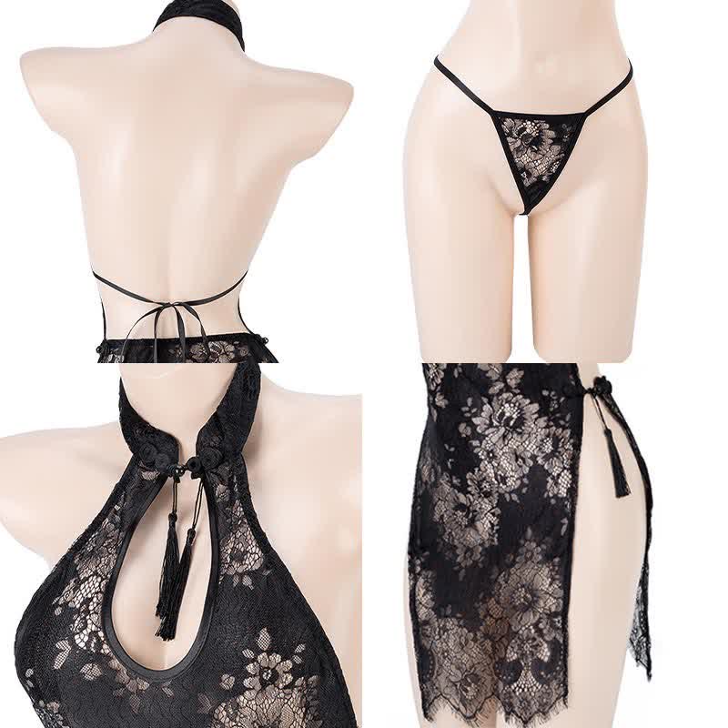Hollow Lace See Through Split Cheongsam Dress Lingerie