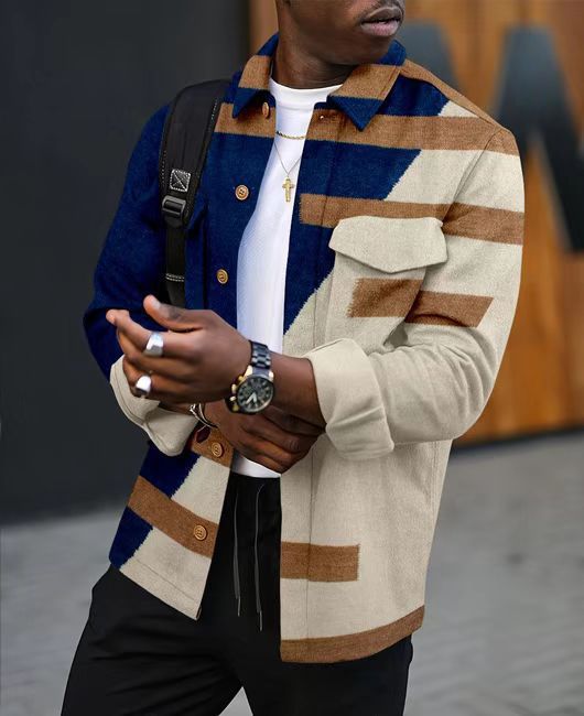 Men's Casual Blue Khaki Stripe Print Long Sleeve Jacket