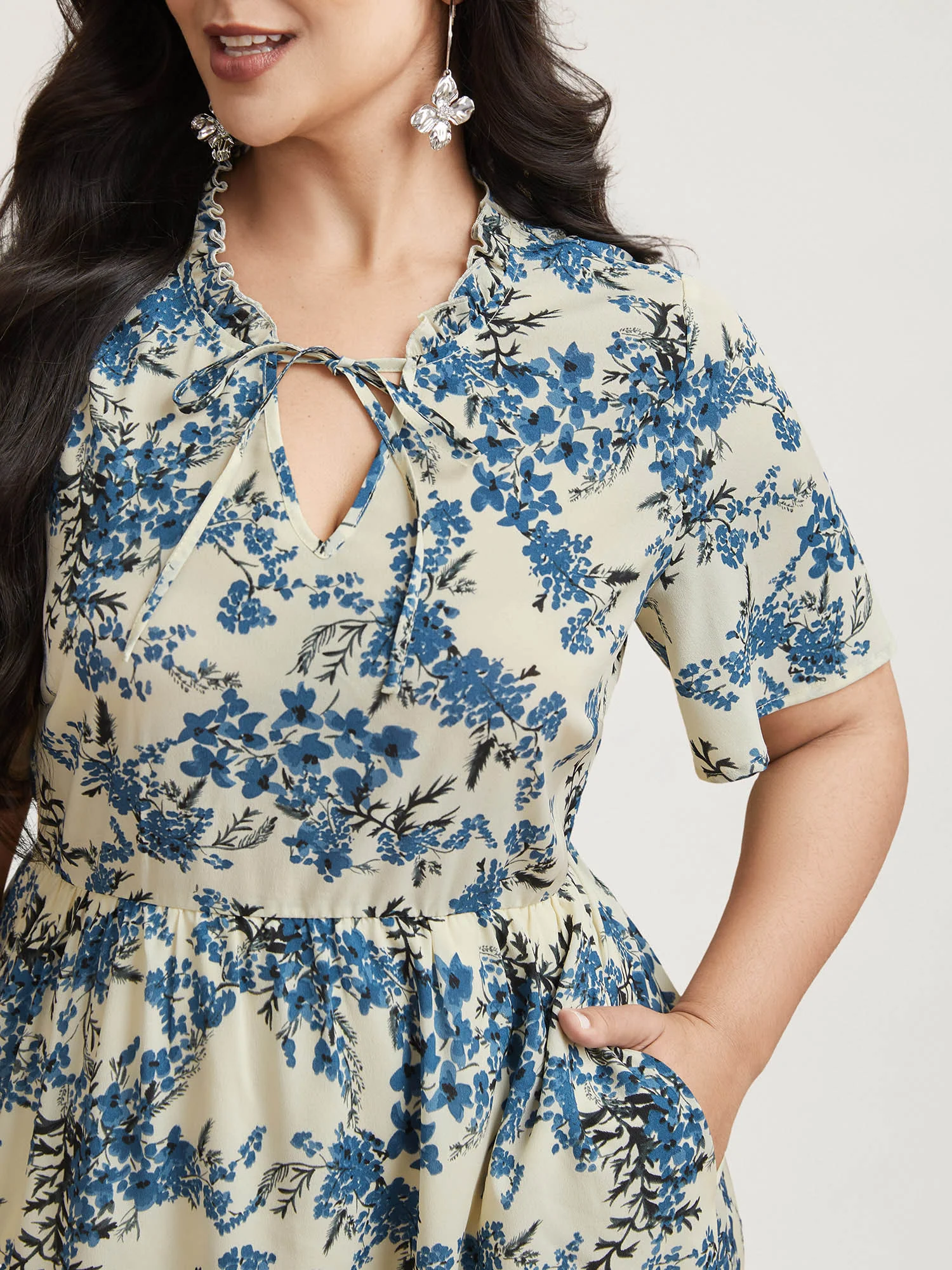 In Full Bloom Notched Collar Pockets Midi Dress