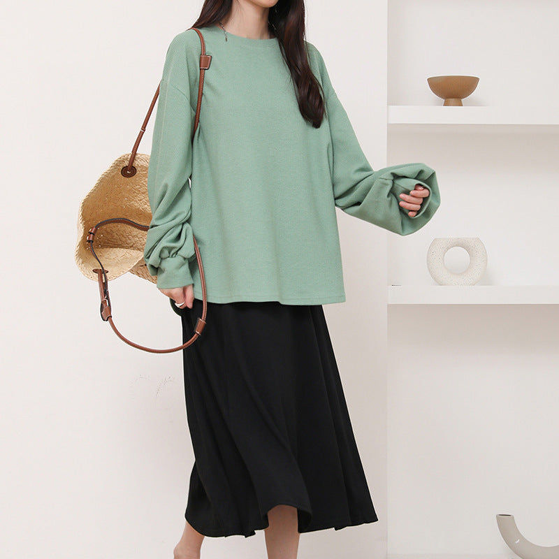 Autumn Waffle Women's Round Neck Solid Color T-Shirt