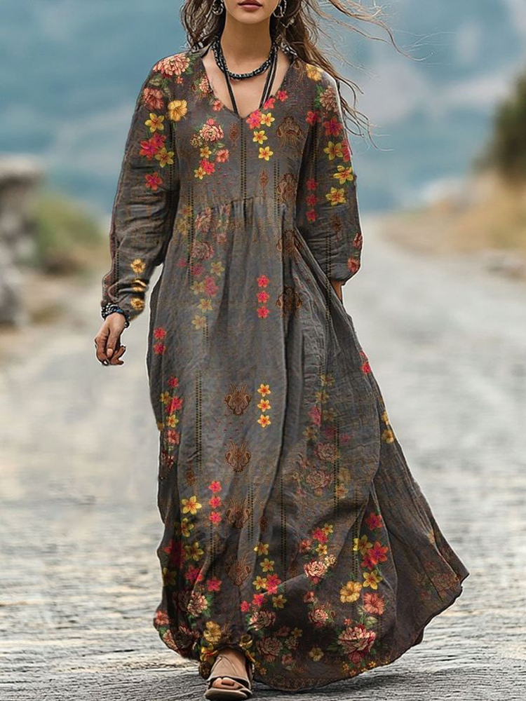 Vintage Floral Pattern Women's Flowy Maxi Dress