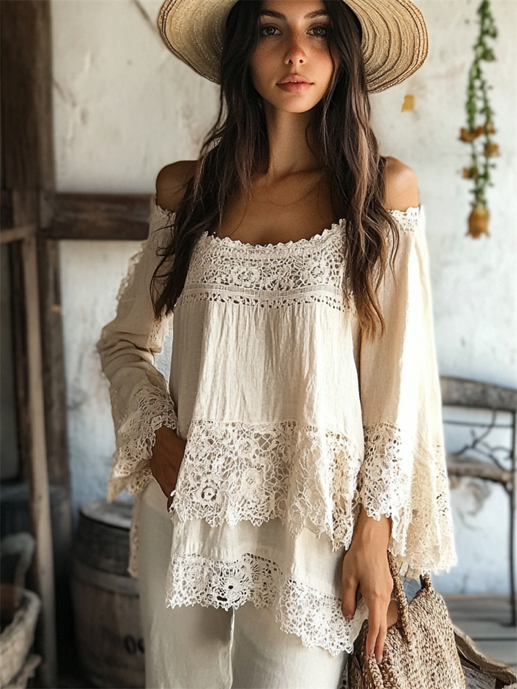 Vintage Floral Hollow Lace Hem Layered Linen Blend Tunic