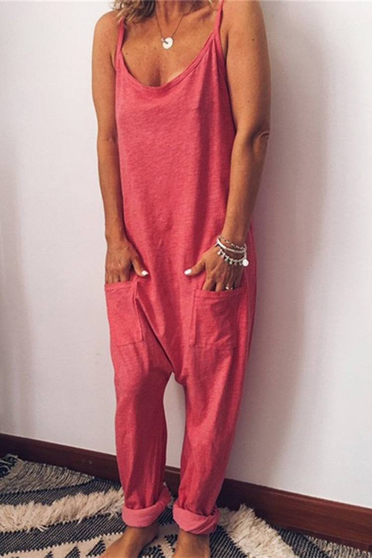 Sleeveless Loose Solid Color Sling Jumpsuit