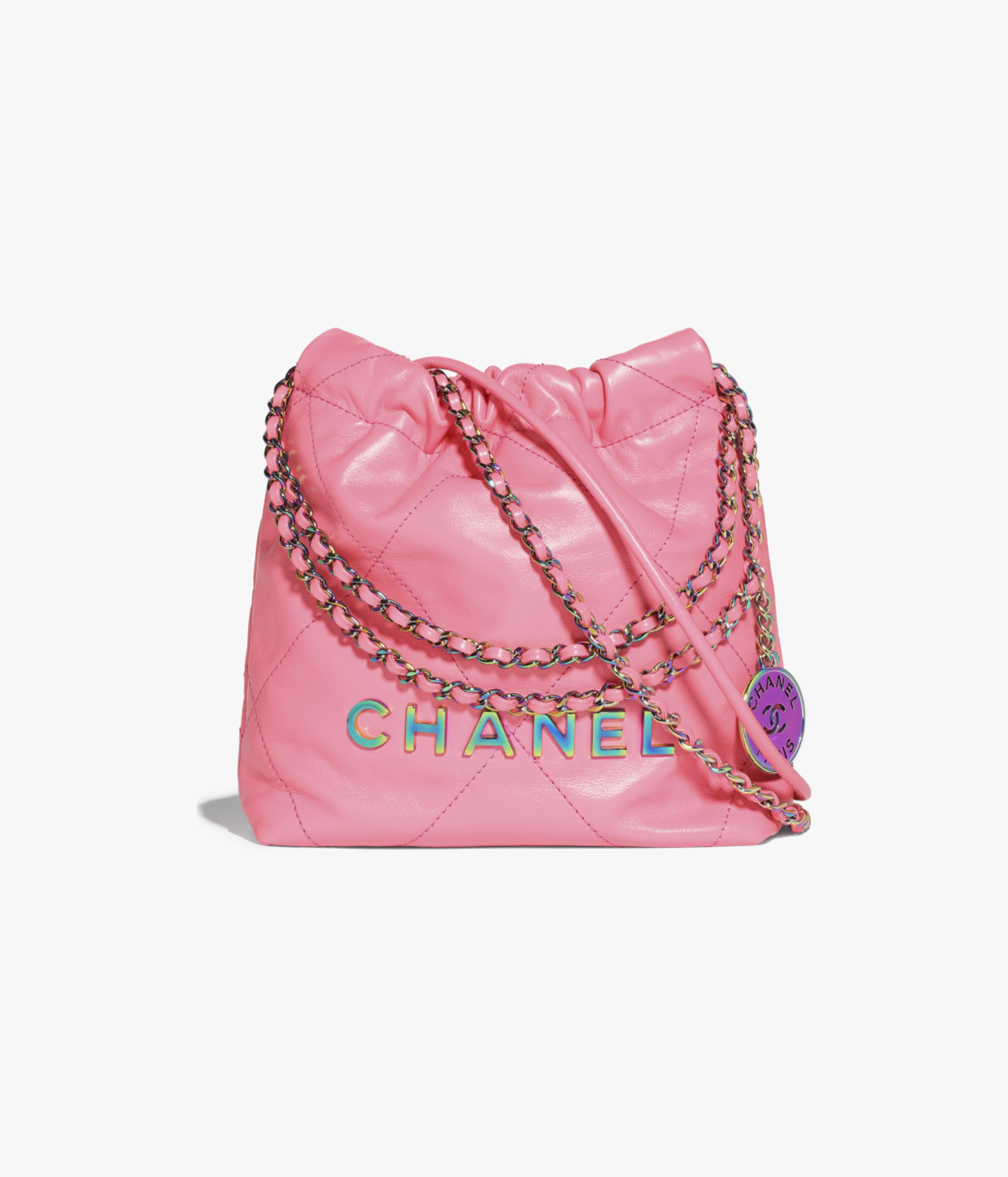CHANEL 22 Mini Handbag Shiny Calfskin & Rainbow Metal Coral Pink AS3980-B15000-NS836