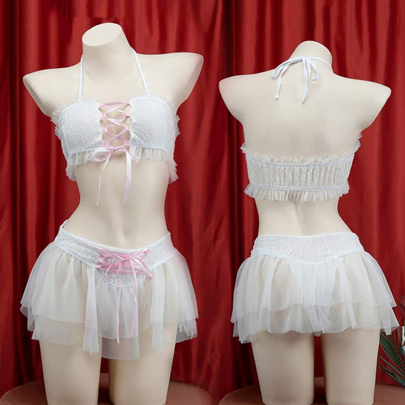 Sexy Halter Lace up Chiffon Maid Lingerie Set