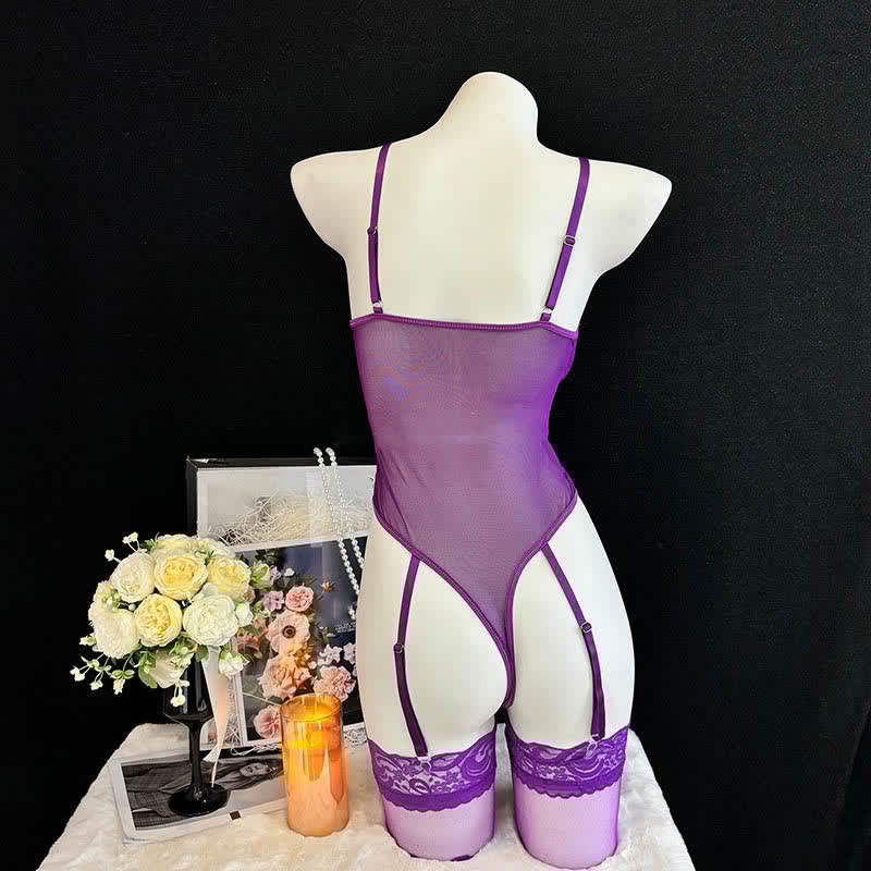Sexy Lace See-through Lace-up Jumpsuit Lingerie Set