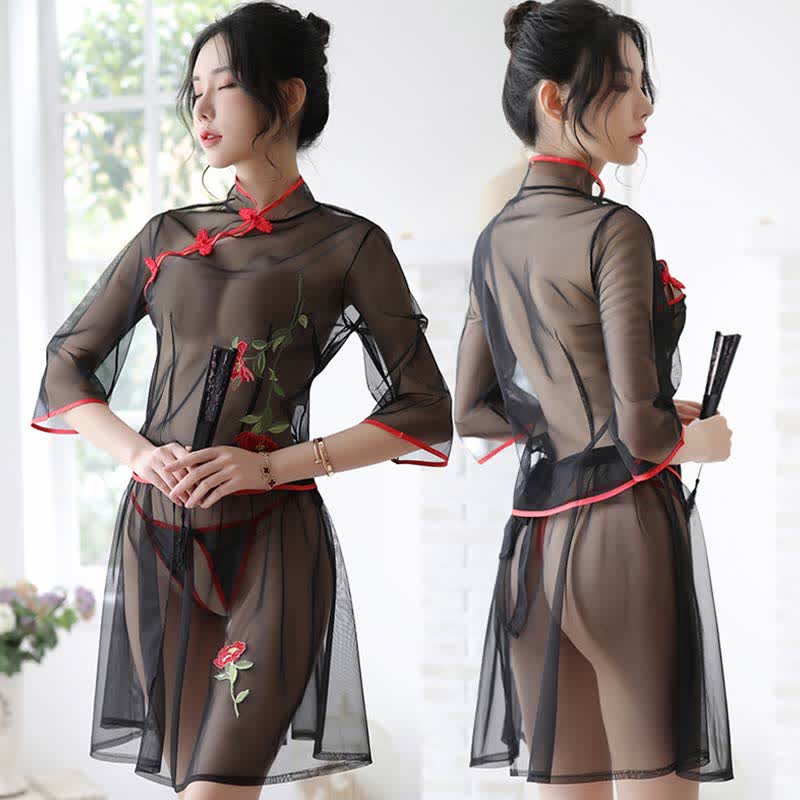 Vintage Floral Embroidery Transparent Mesh Hanfu Lingerie Set