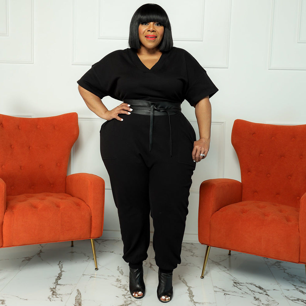 Plus Size Women Clothes Sports Pants Casual Sweatpants V neck Jumpsuit