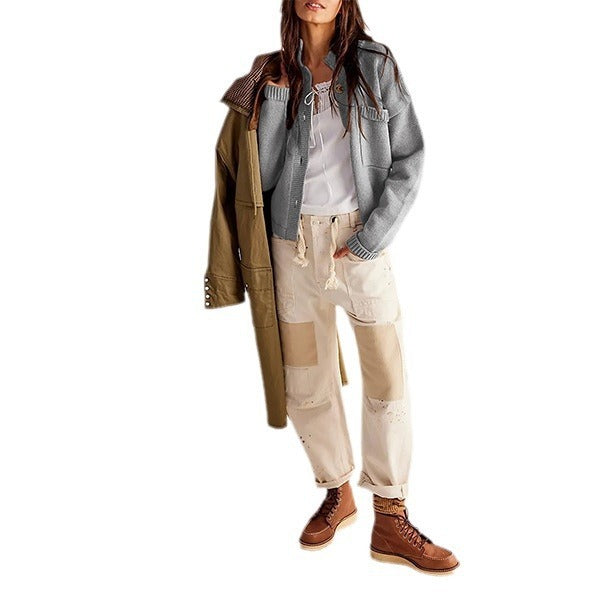 Women's Knitted Coat with Stand Collar – Solid Color Cardigan Sweater