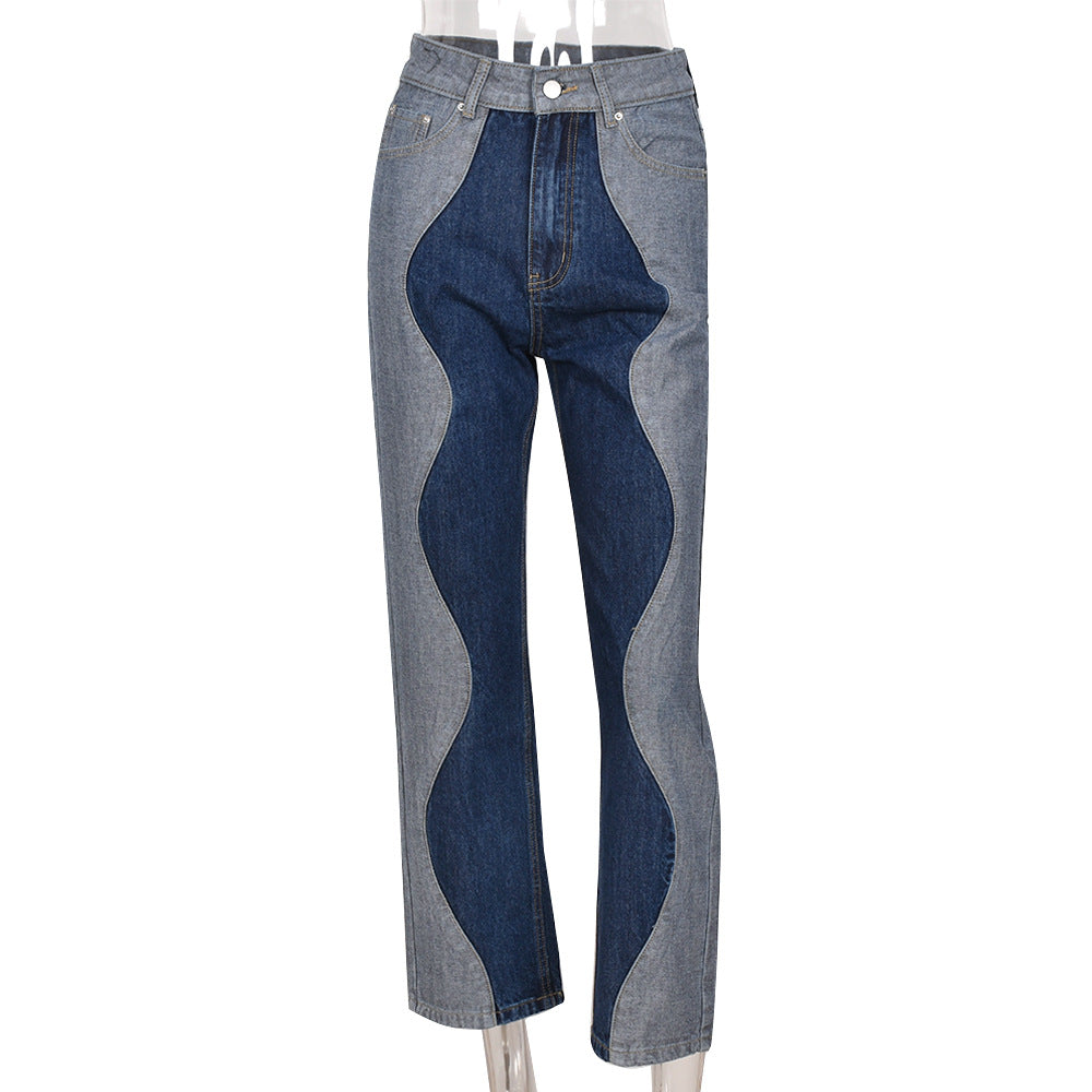 Women Clothing Autumn Color Contrast Patchwork Personalized Wave Jeans