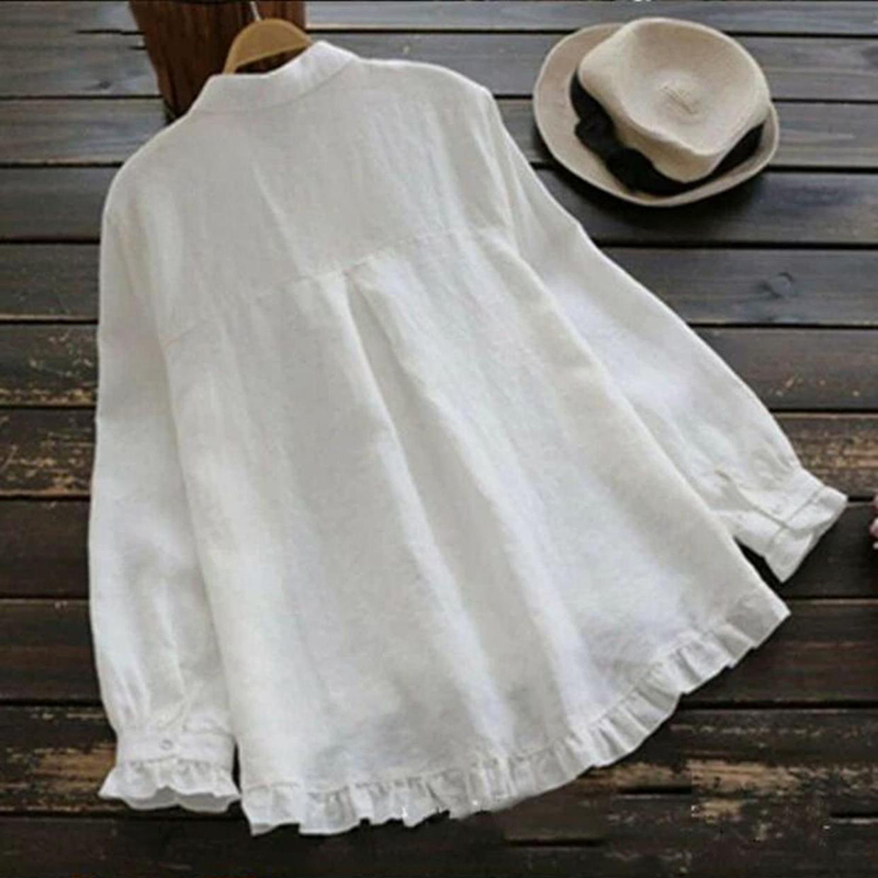 Vintage Plain Shirt Collar Button Down Long Sleeve Blouse