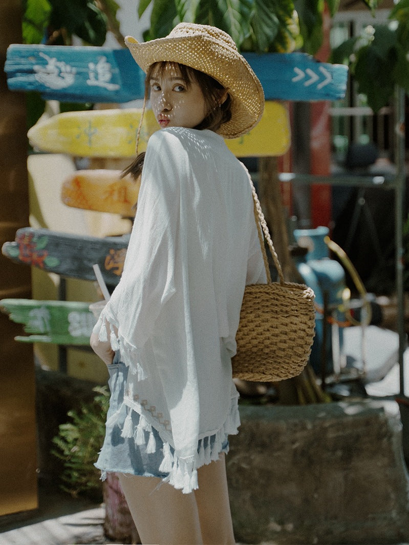Ethnic Embroidery Sun Protection Shirt Beach Baggy Coat