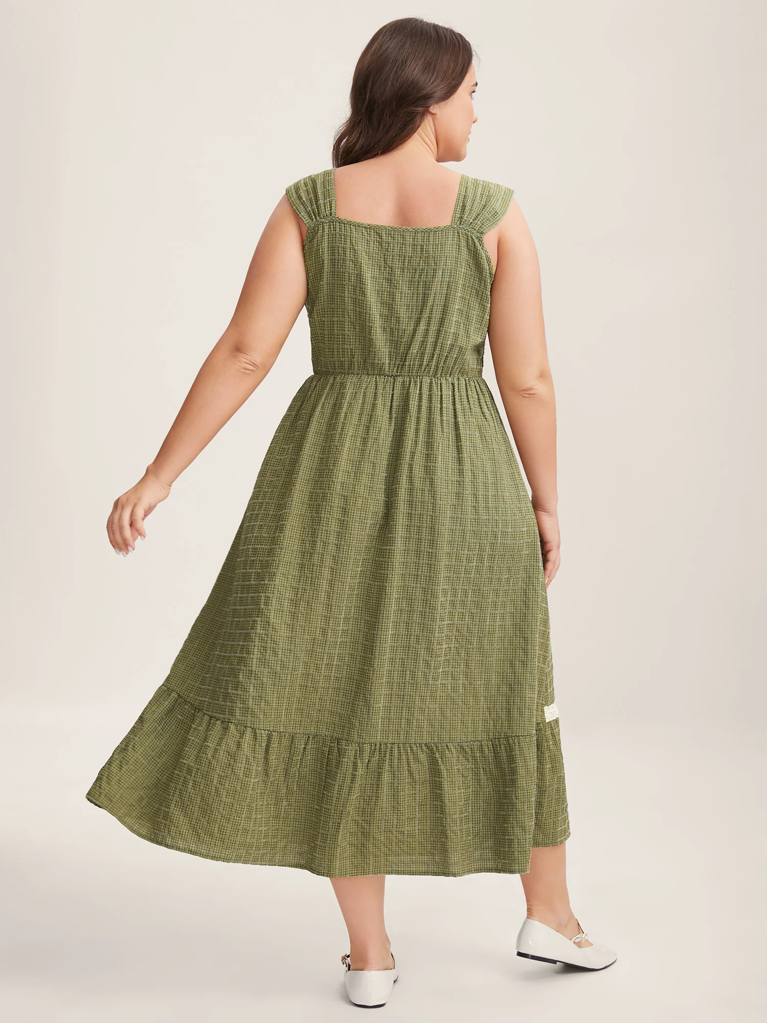 Plaid Shirred Lace Trim Tiered Maxi Dress