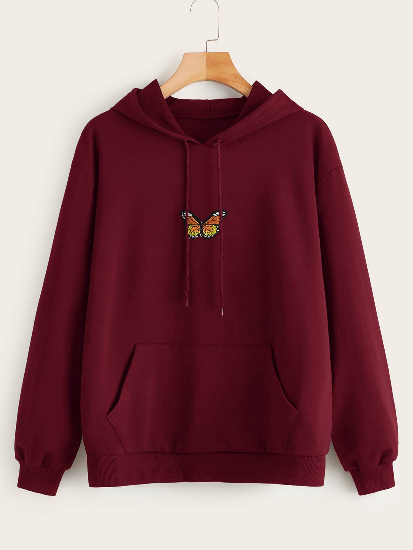 Butterfly Embroidered Kangaroo Pocket Drawstring Hoodie
