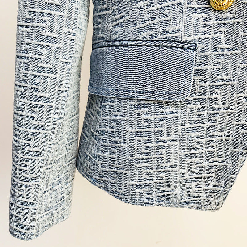 Plus Size Slim Double Breasted Lion Buckle Maze Jacquard Denim Blazer