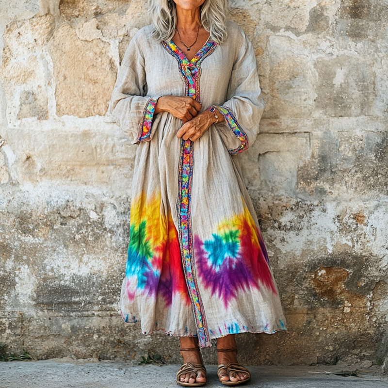 Women's Tie Dye Art Print V-neck Loose Midi Dress