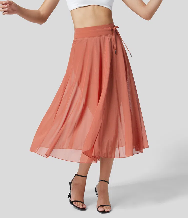 ON SALE🔥High Waisted Drawstring Contrast Mesh 2-in-1 Side Pocket Flowy Midi Flare Casual Skirt