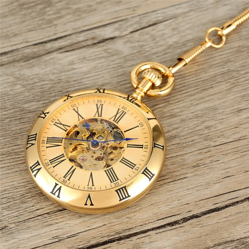 Gold/Silver Roman Numerals Open Face Men Women Mechanical Automatic Pocket Watch Pendant Chain Clock Skeleton Watches Gift