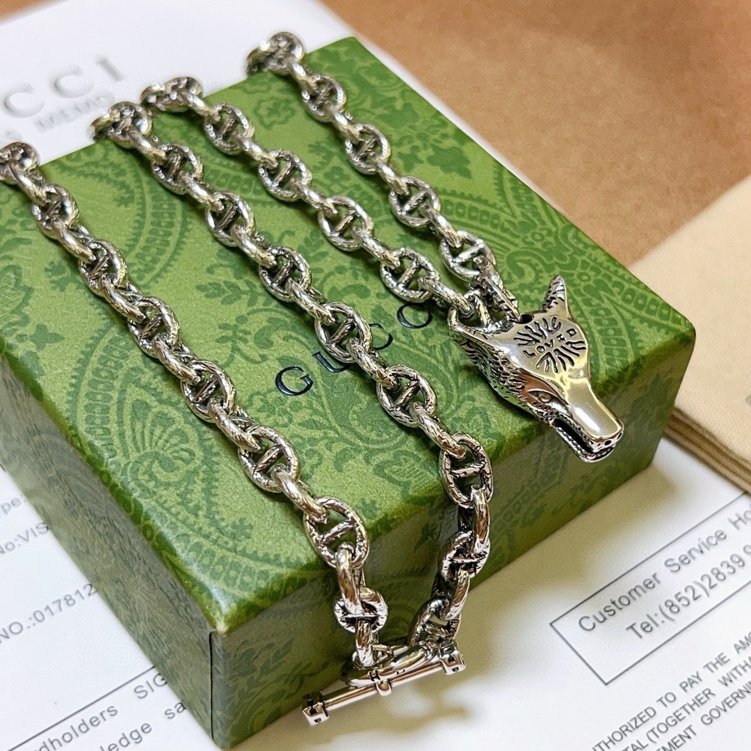 Gucci Anger Forest Series GG Chain Wolf Head Vintage Necklace