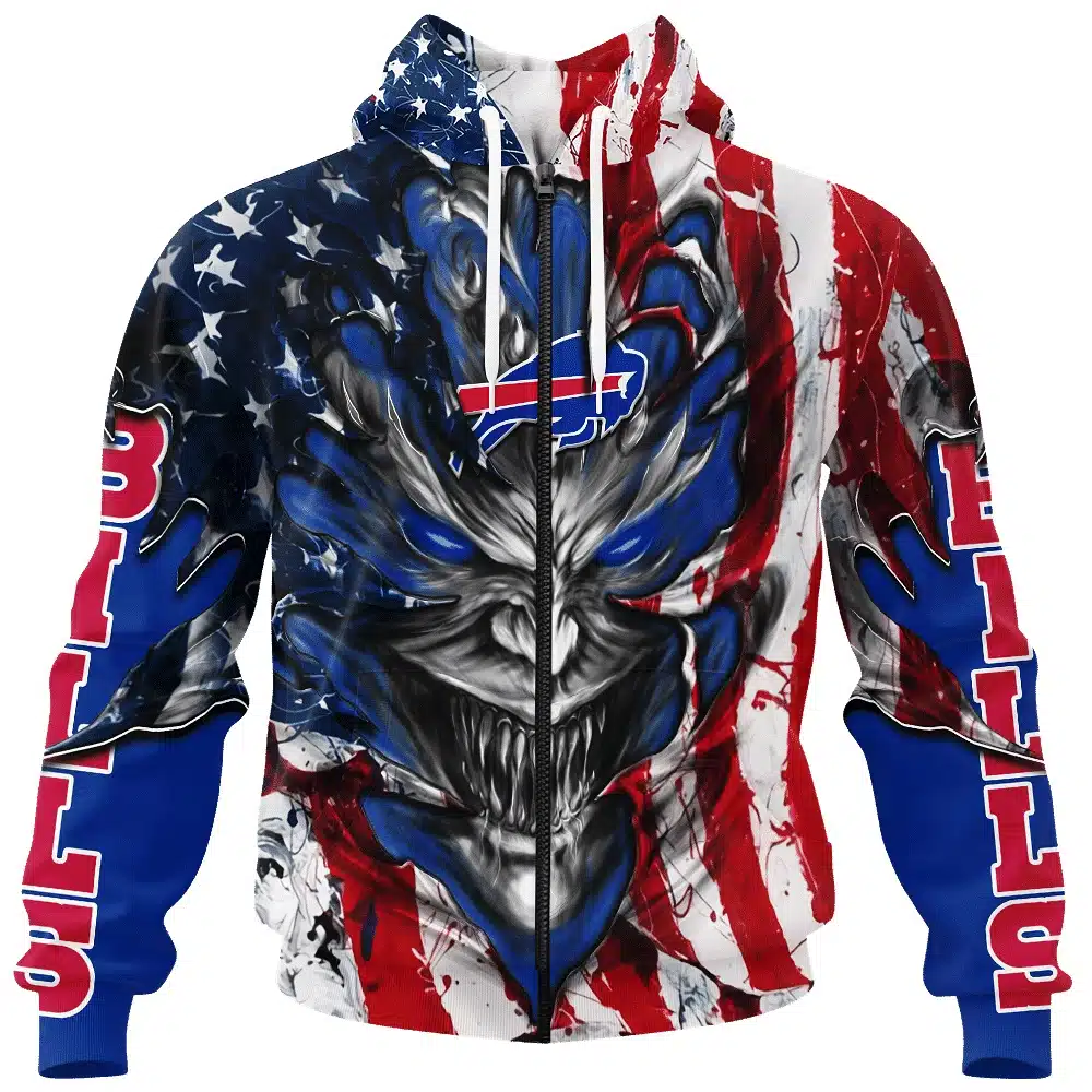 BUFFALO BILLS DEMON FACE AMERICAN FLAG-3D UNISEX HOODIE