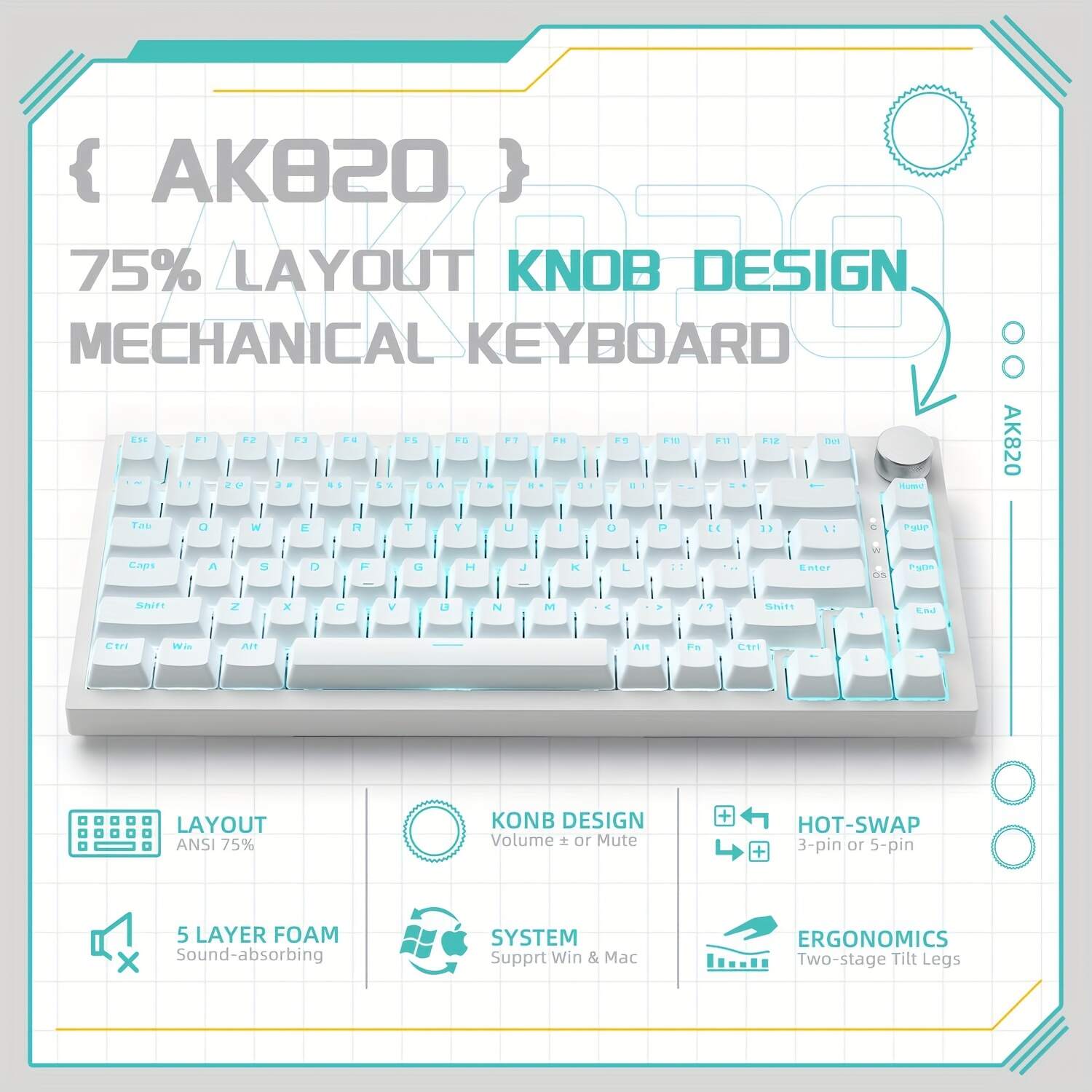[AK820 Gaming Keyboard] AK820 Wired Mechanical Gaming Keyboard | 75% Compact Design, Hot Swappable, PBT Keycaps, Ice Blue Backlit, Ergonomic Layout, Durable Metallic Finish | Efficient Typing for PC/Win/Mac