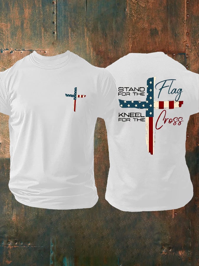 🔥Hot Sale Picks 🔥Men's Stand For The Flag Kneel For The Cross Printed Casual T-Shirt